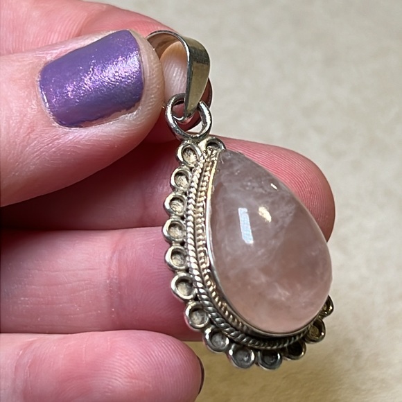 Vintage boho pink quartz pear shaped sterling silver 925 necklace pendant - Picture 5 of 5